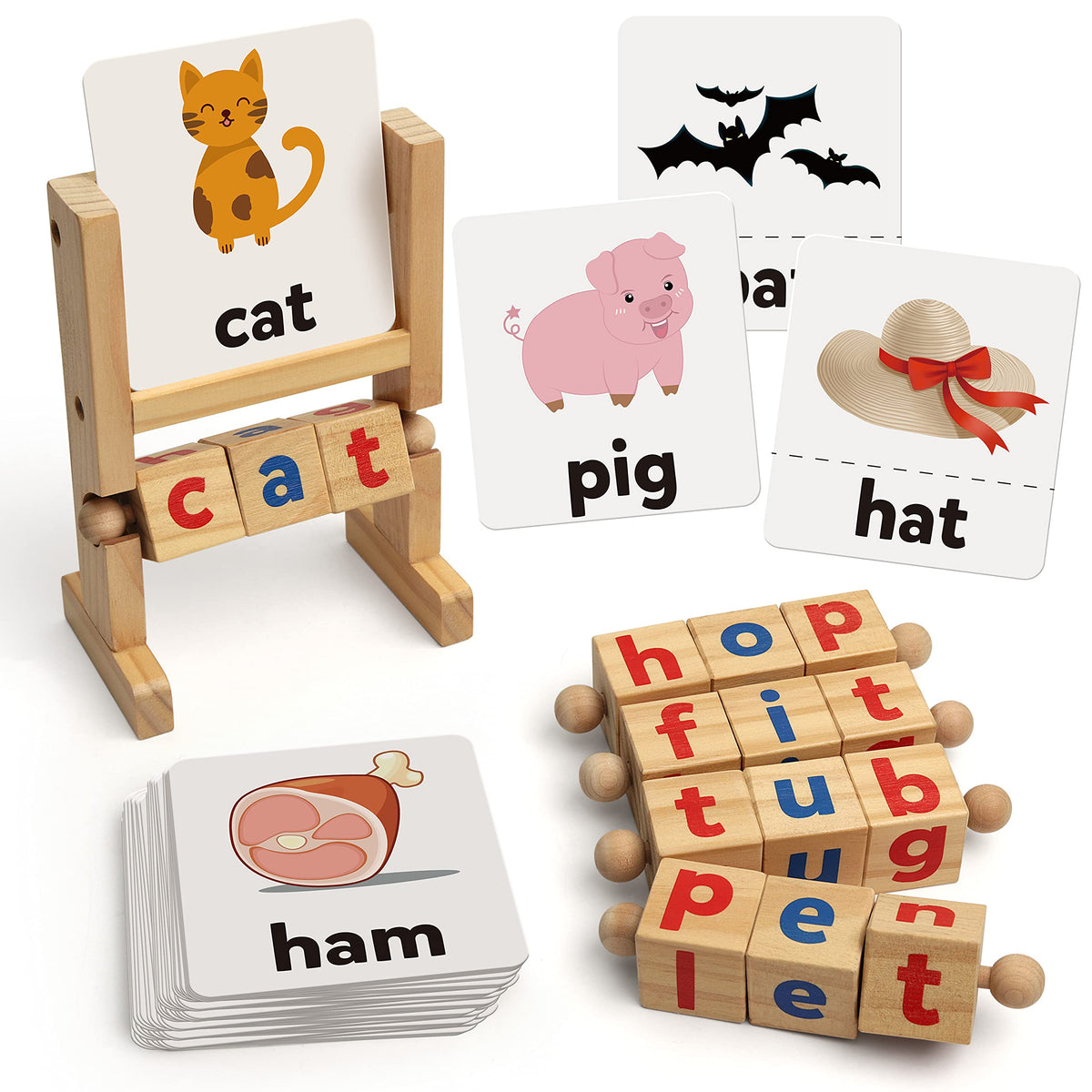 Wooden Reading & Spelling Game with rotating letter blocks, a wooden tray, and picture cards