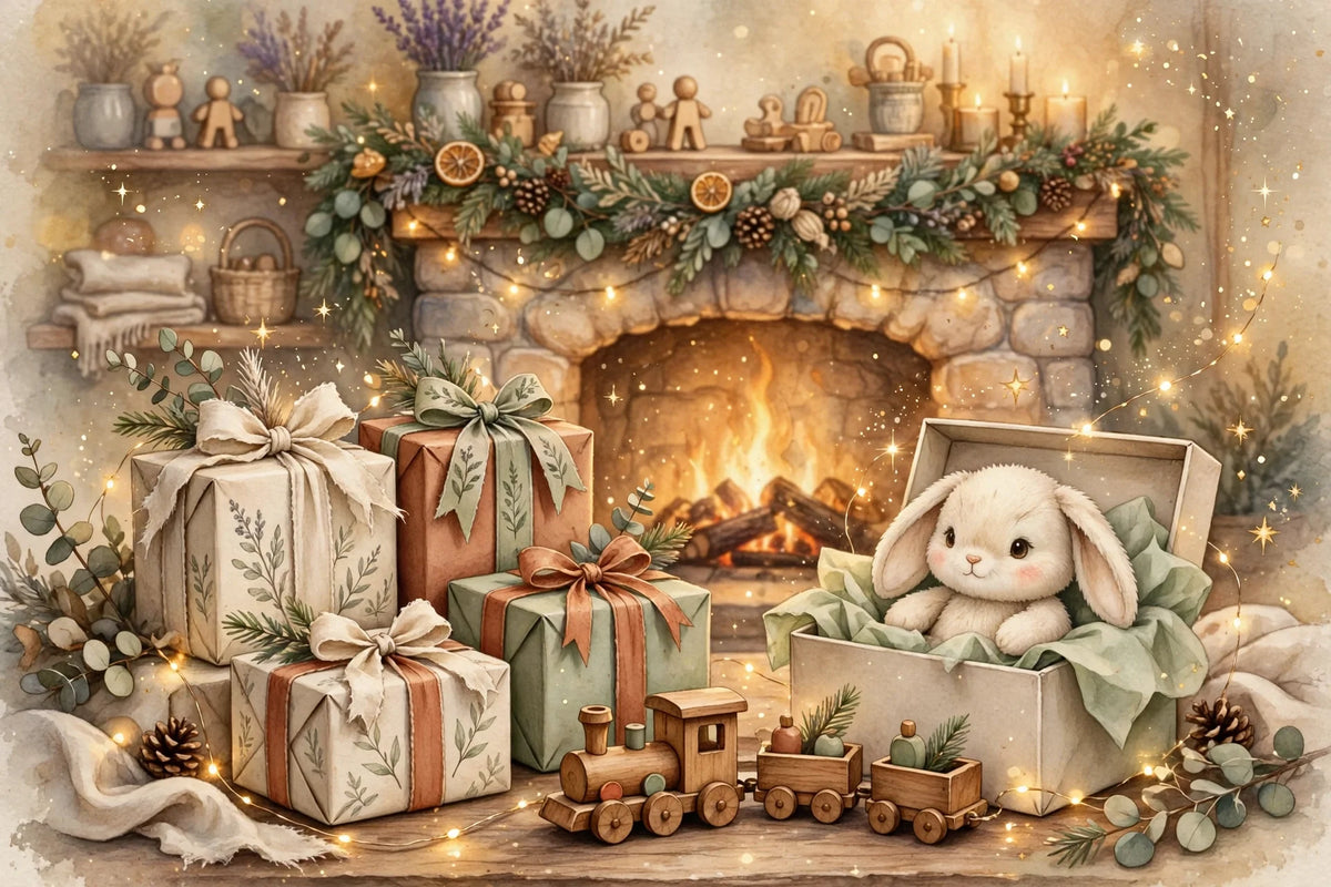Holiday gift guide with magical toys in golden light