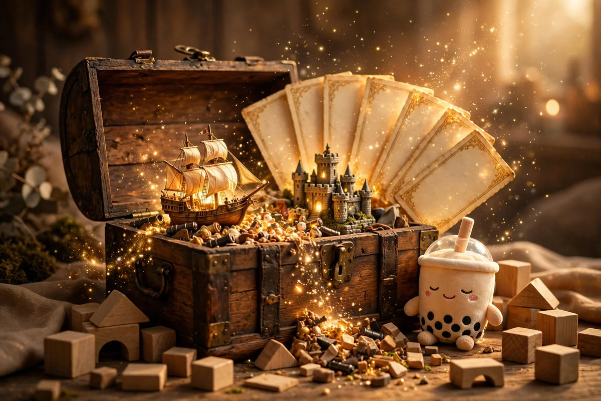 Golden storybook scene of imaginative toys for screen-free play