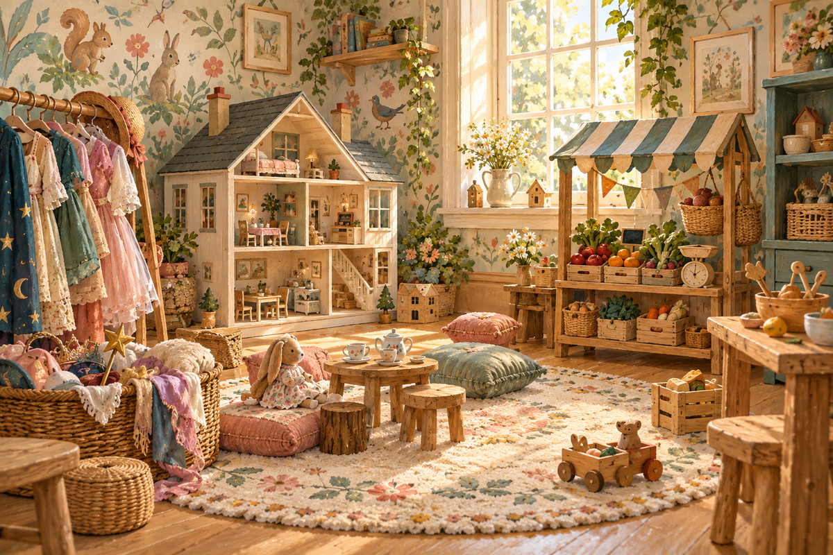Whimsical pretend play corner with dollhouse, dress-up clothes and toy market stall