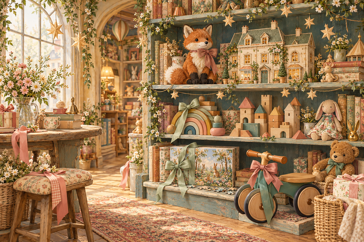 Storybook toy shop shelves with plush friends, blocks, dollhouse and gift ribbons