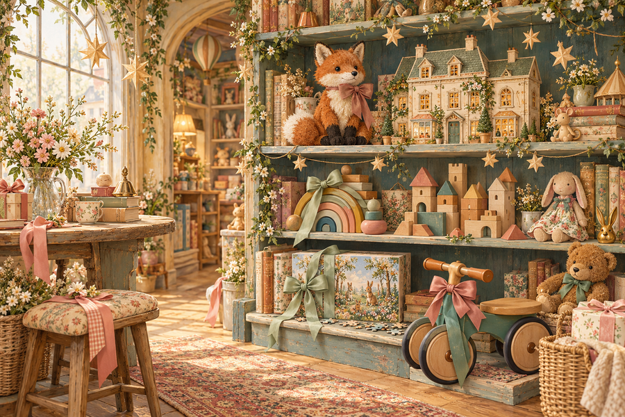 Storybook toy shop shelves with plush friends, blocks, dollhouse and gift ribbons