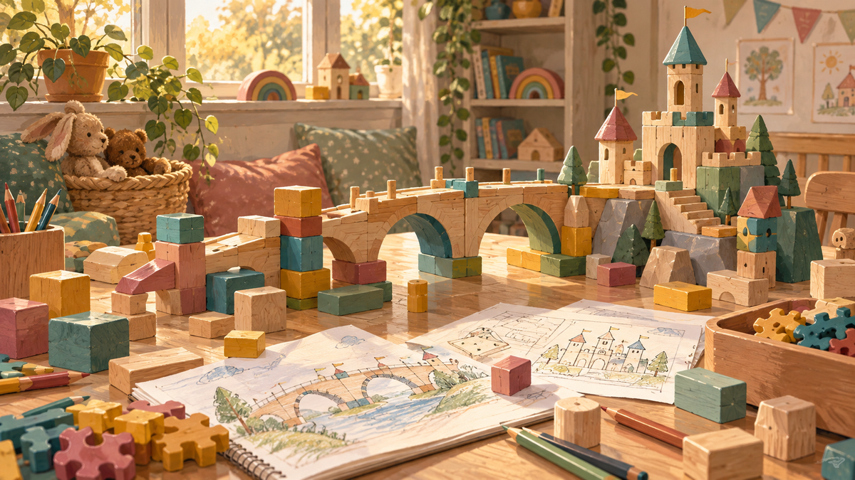 Colorful wooden building blocks forming a bridge and castle in a playroom