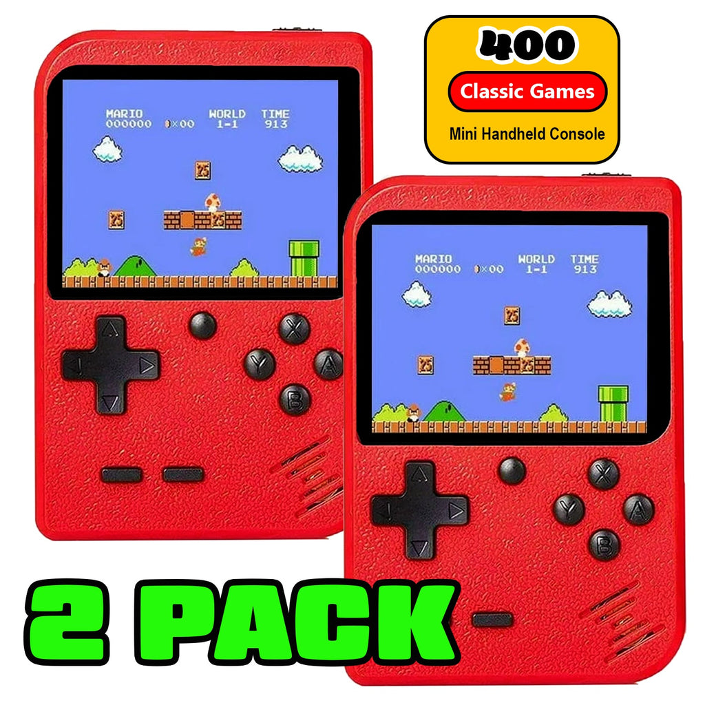 Two red handheld retro consoles with 400 Classic Games badge and 2 Pack graphics.