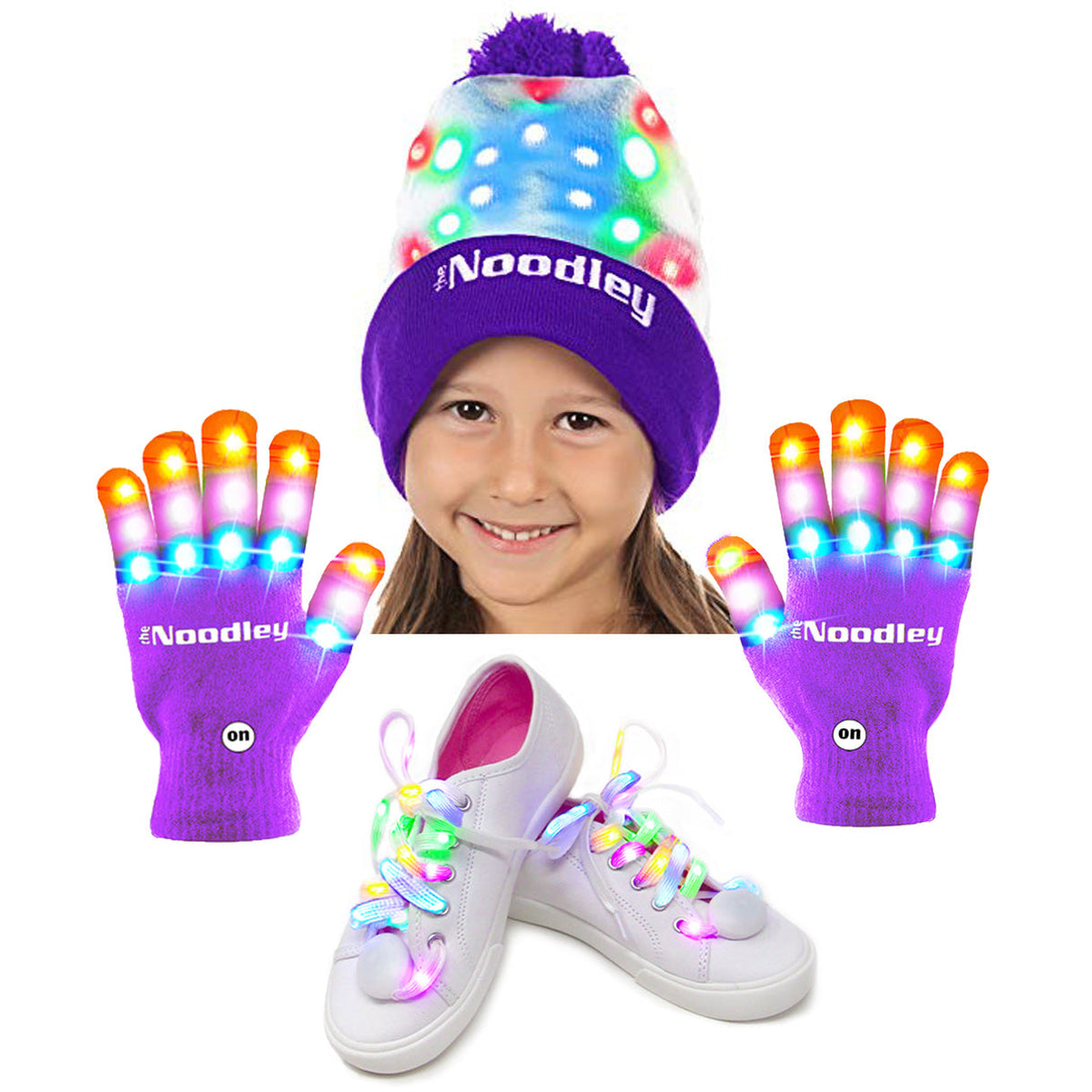 Purple LED Light-Up Gift Set: Gloves, 45-Inch Shoe Laces & Beanie - product photo