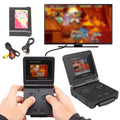 Black folding PVP handheld shown with television connection and game card