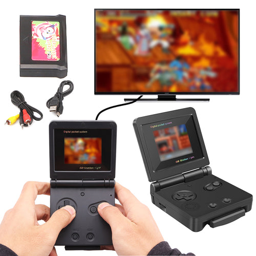 Black folding PVP handheld shown with television connection and game card