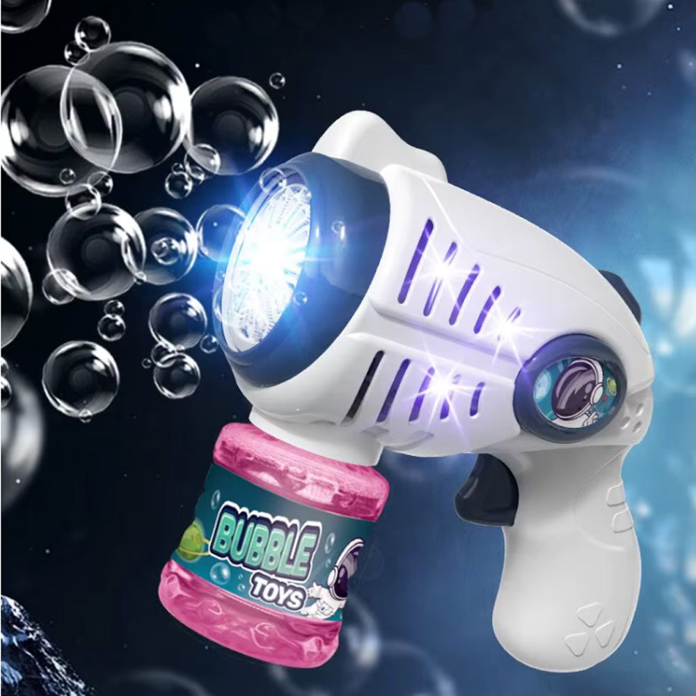 White and navy astronaut bubble gun blaster with glowing nozzle surrounded by bubbles.