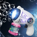 White and navy astronaut bubble gun blaster with glowing nozzle surrounded by bubbles.