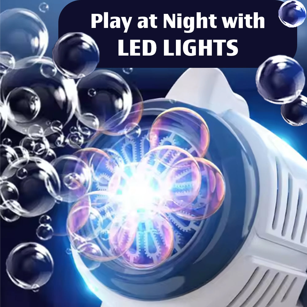 Close-up of the bubble gun's glowing nozzle with Play at Night with LED Lights text.