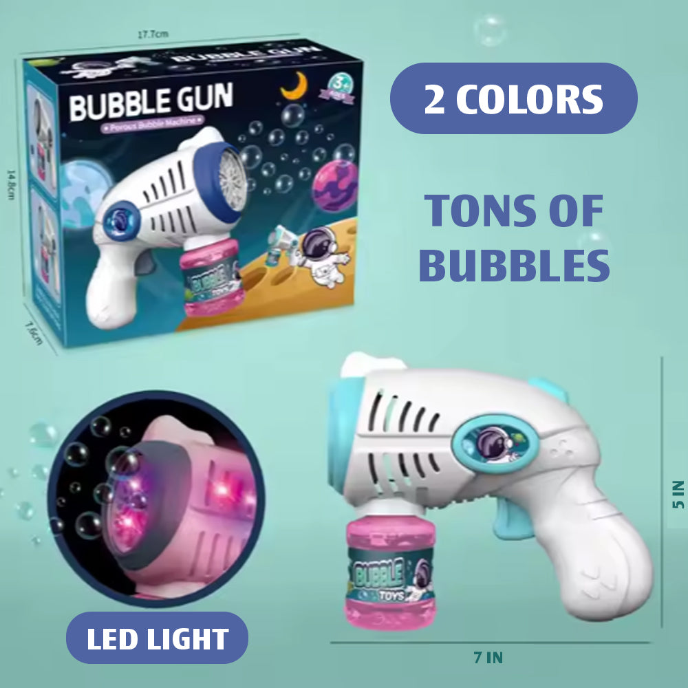 Bubble gun packaging and two color options with LED light close-up and 7 by 5 inch size.