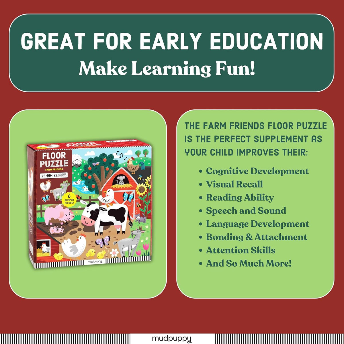Farm Friends Toddler Floor Puzzle, 12 Large Pieces, Ages 2+ - product photo