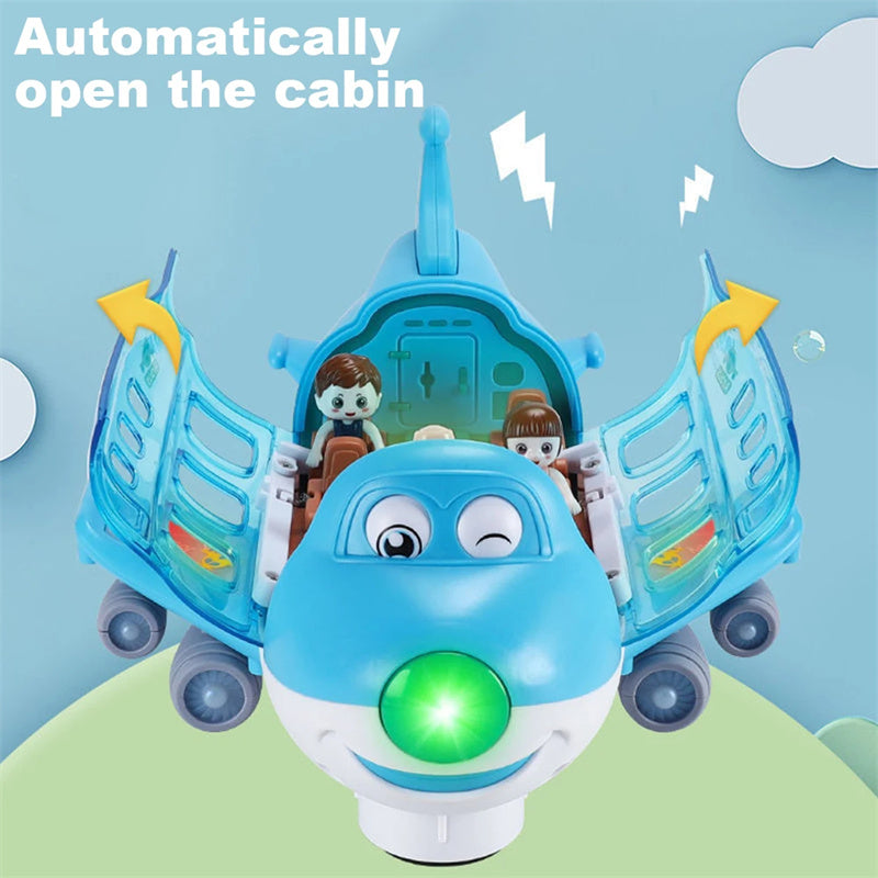 Cartoon toy airplane with flashing LED lights glowing around the cabin