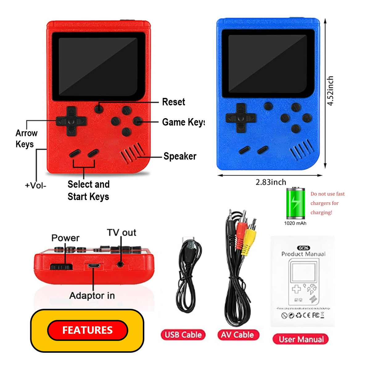 Red and blue console diagram labeling keys, 1020mAh battery, USB and AV cables, and manual.