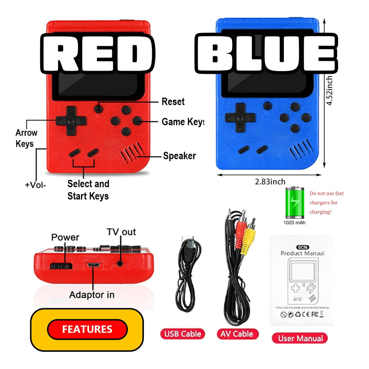 Red and blue console diagram labeling keys, dimensions, battery, cables, and manual.
