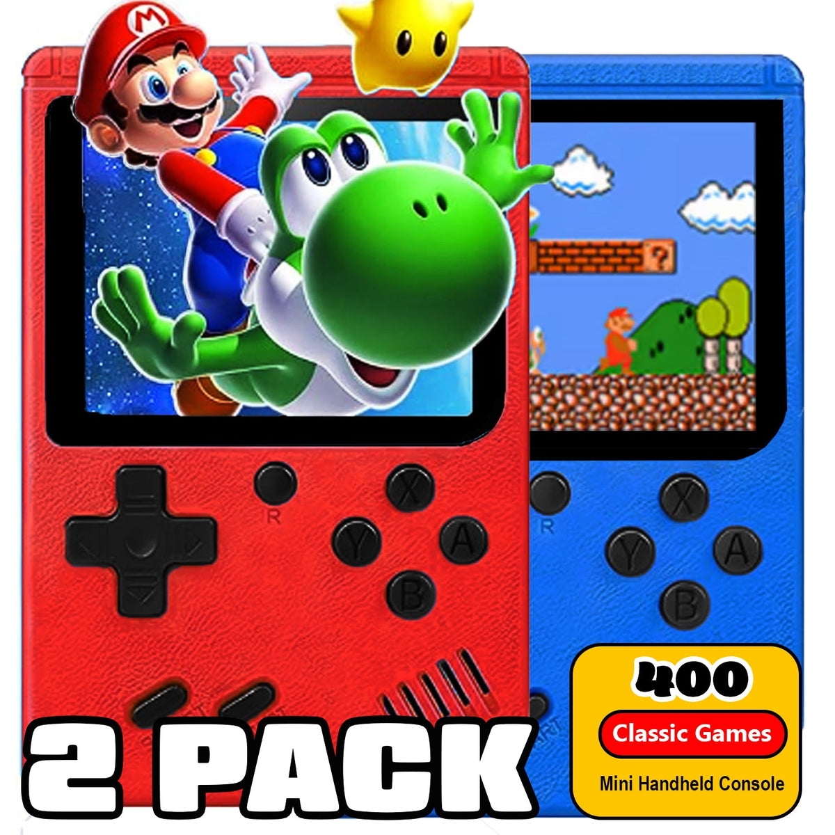 Red and blue handheld retro consoles with cartoon game characters and 400 Classic Games badge.
