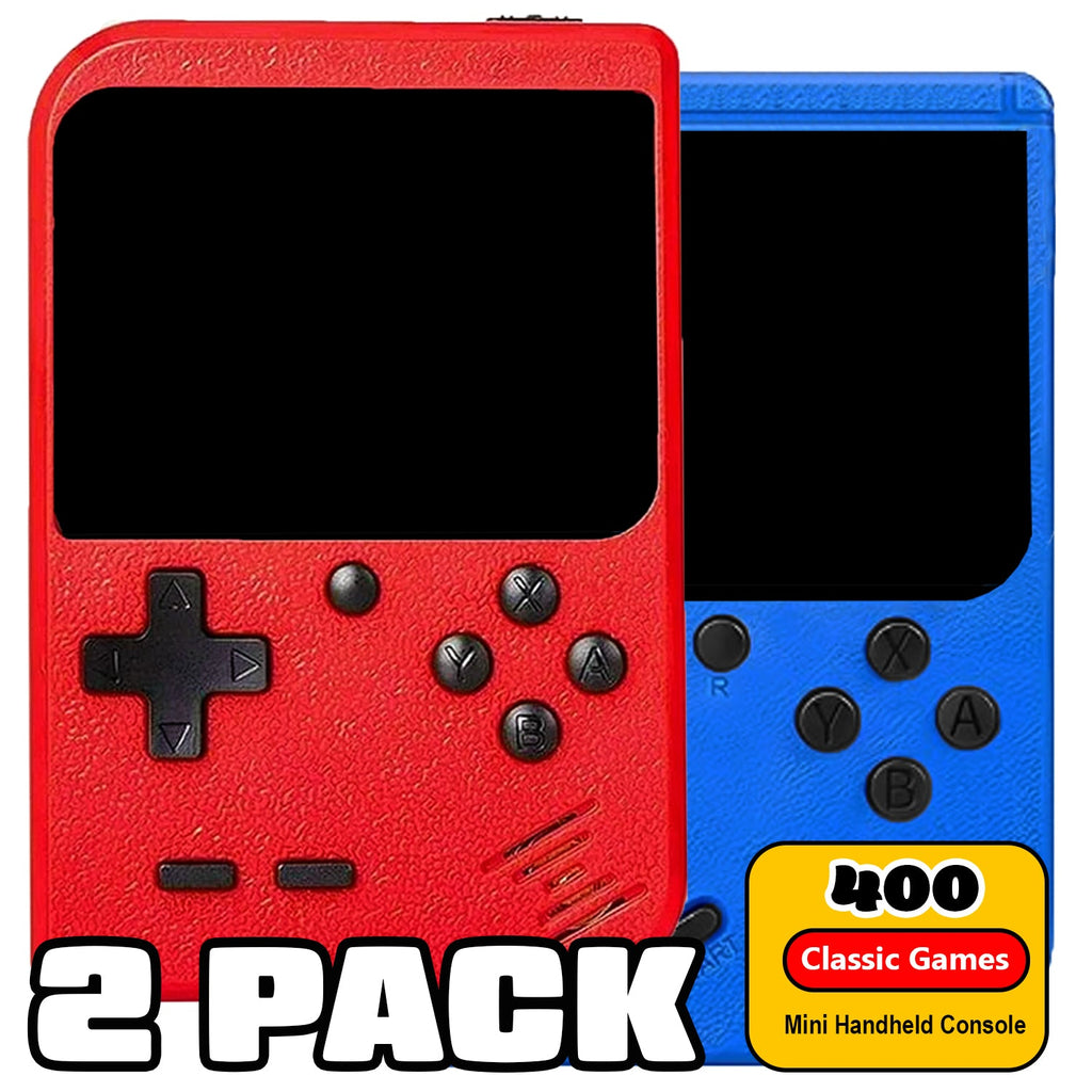 Red and blue handheld retro consoles side by side with 2 Pack and 400 Classic Games graphics.