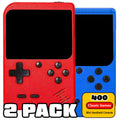 Red and blue handheld retro consoles side by side with 2 Pack and 400 Classic Games graphics.