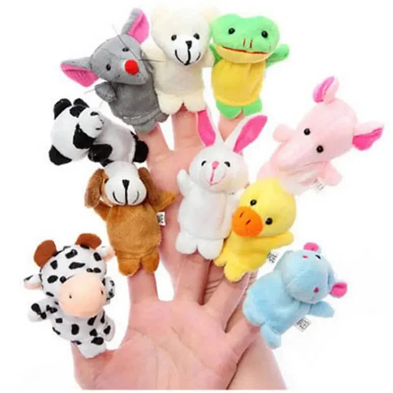 cute plush finger puppets arranged for display