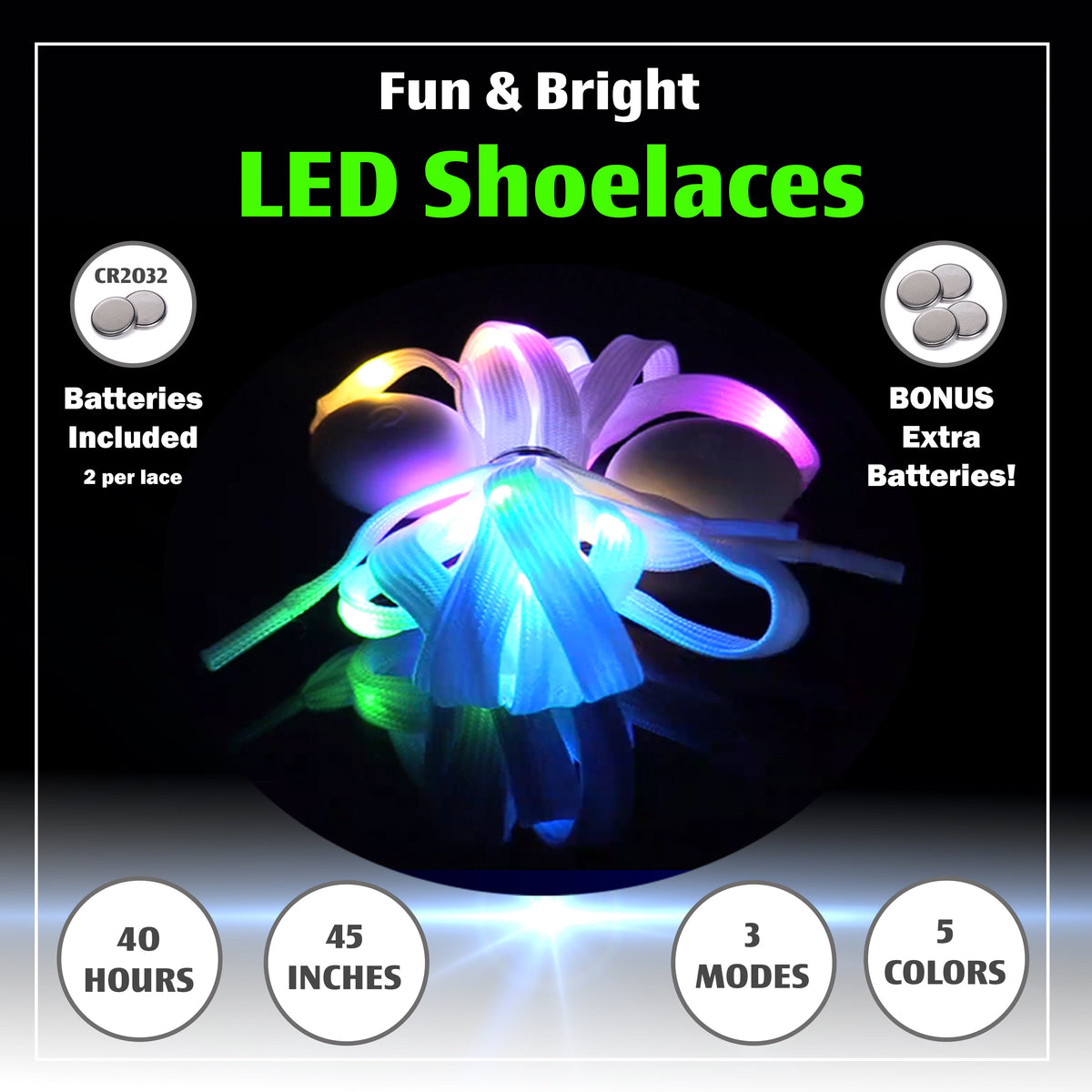 4-Pair Set of 5-Color LED Flashing Shoe Laces, 45 Inches