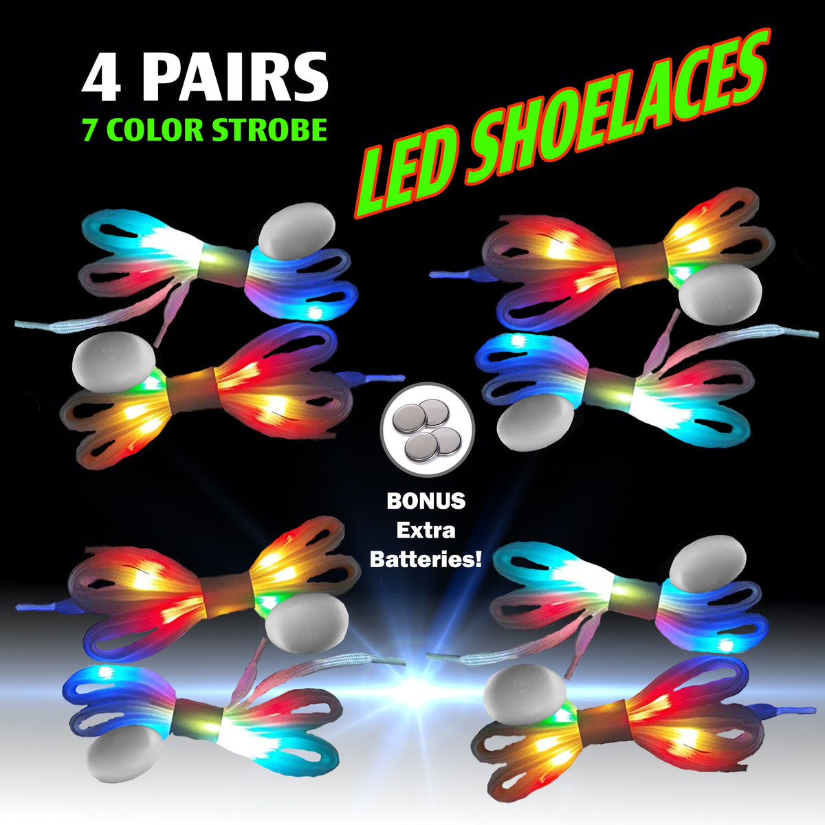 4-Pair Set of 7-Color LED Strobe Shoe Laces, 45 Inches