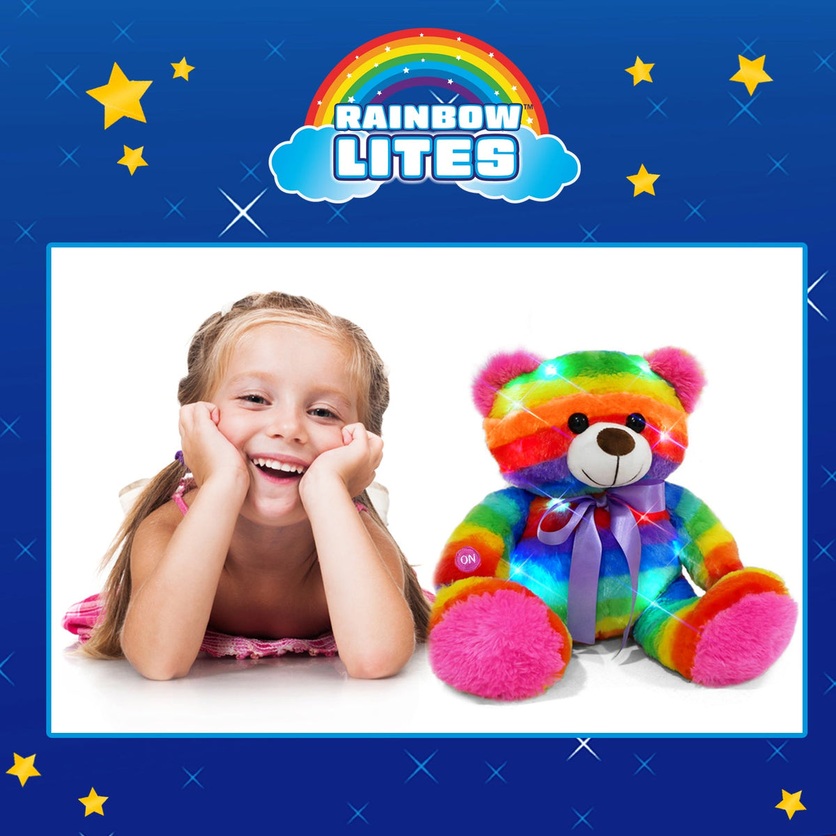 Smiling child beside the glowing rainbow teddy bear under the Rainbow Lites logo.