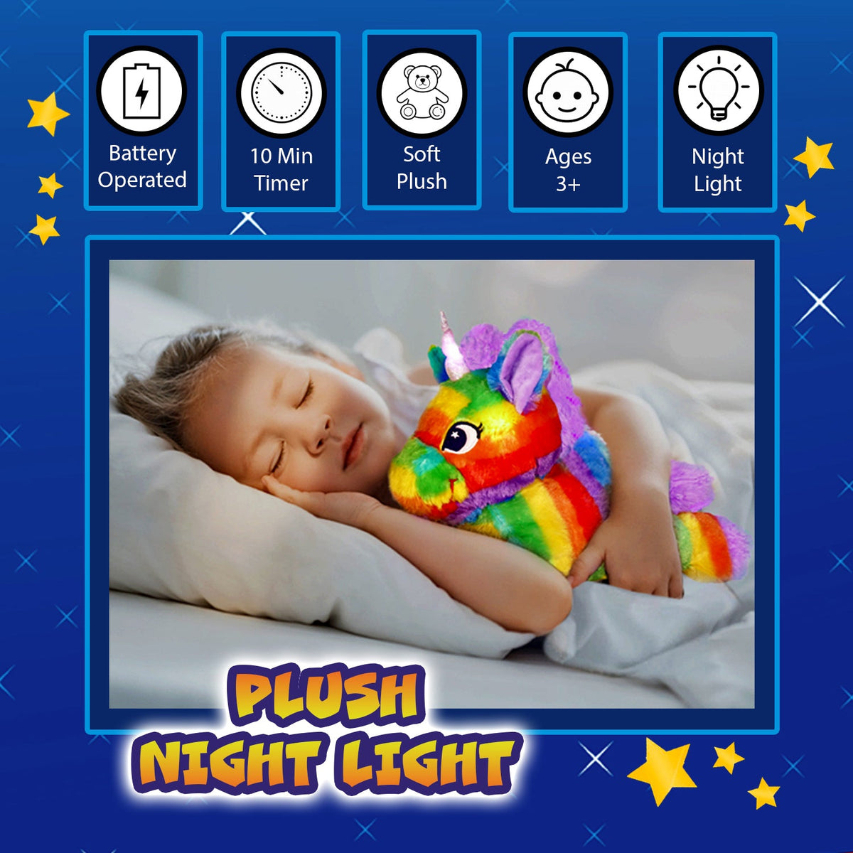 Child sleeping while cuddling the glowing rainbow unicorn plush night light in bed.