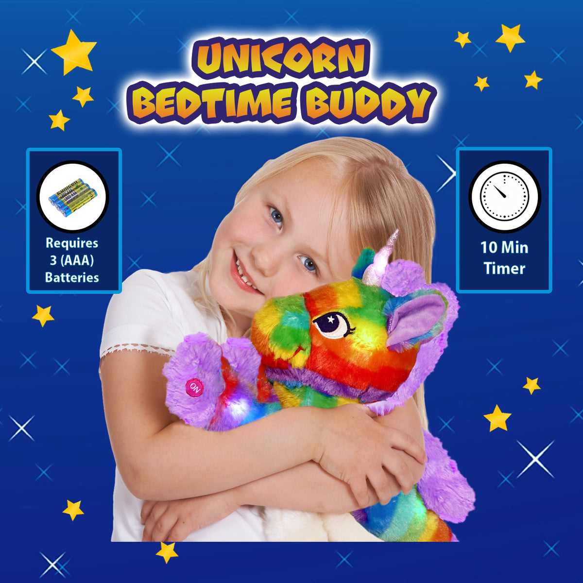 Smiling child hugging the rainbow unicorn bedtime buddy with battery and timer icons.