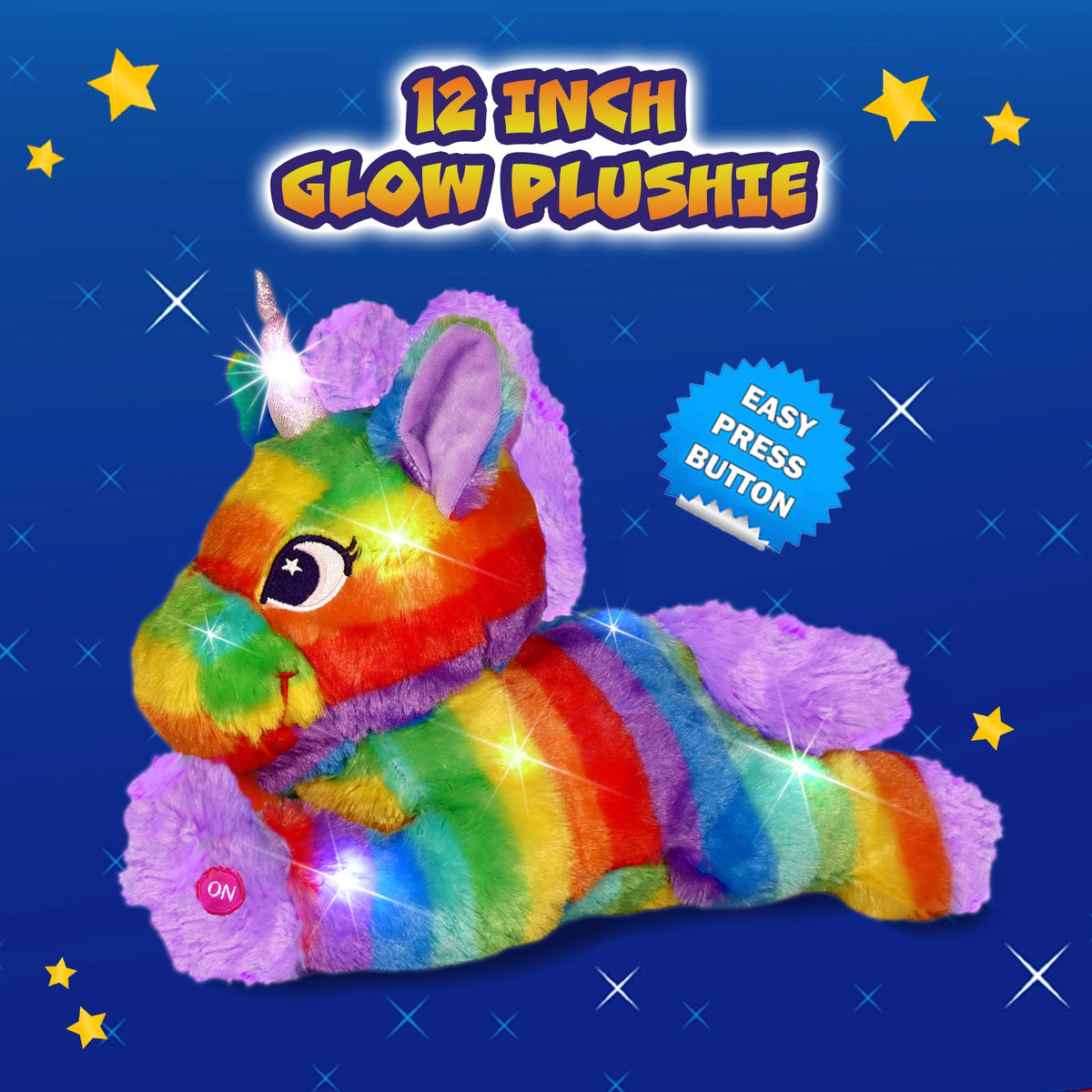 Rainbow unicorn glow plushie with an easy-press button badge on a starry blue background.