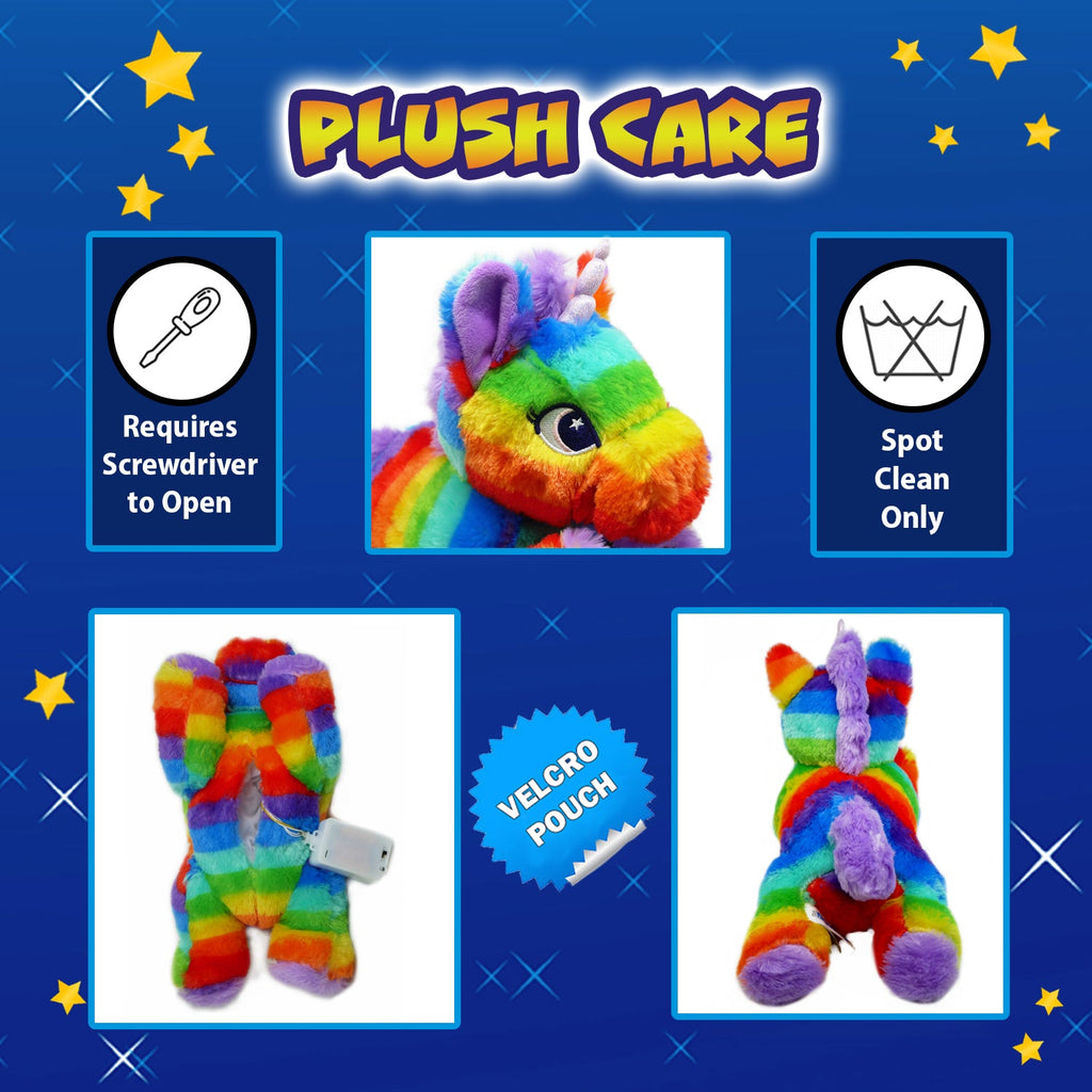 Plush care guide showing the unicorn's velcro battery pouch, screwdriver requirement, and spot-clean icon.