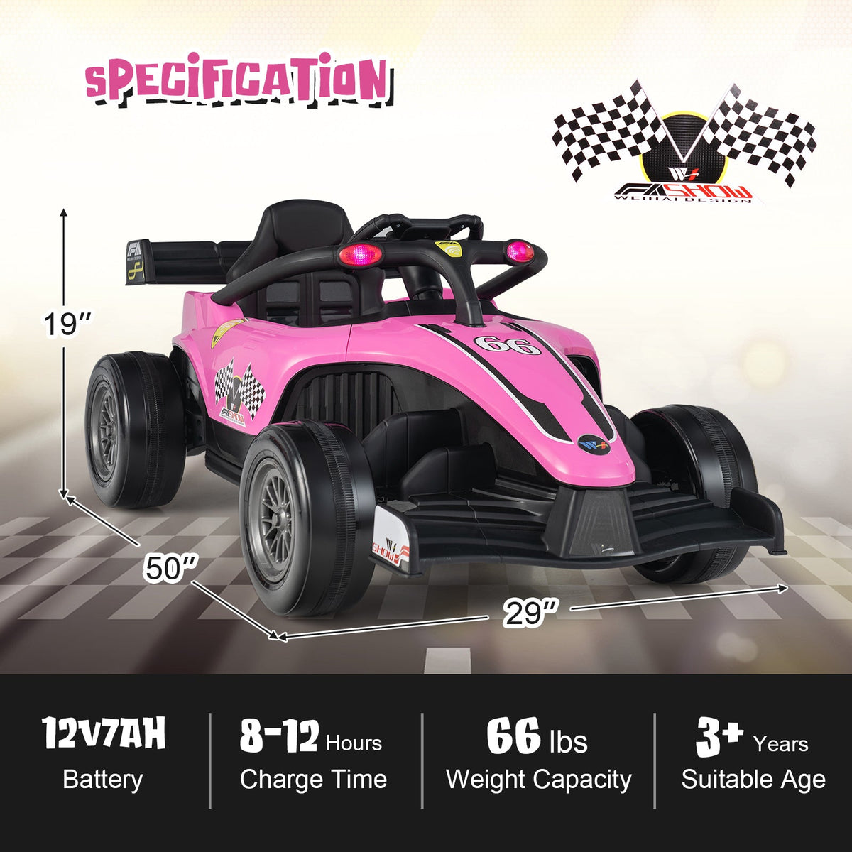 12V Formula Racing Ride-On with Remote — Pink