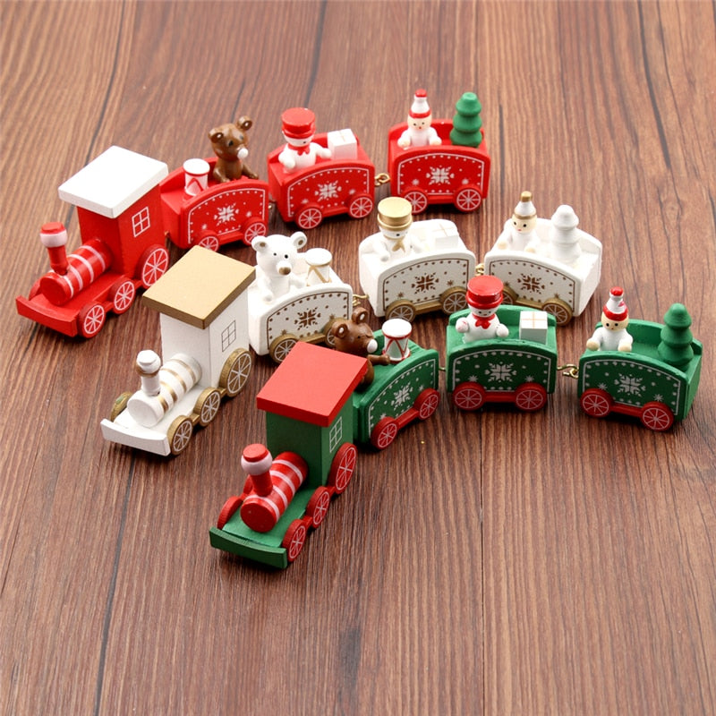 mini wooden train toy set arranged for display