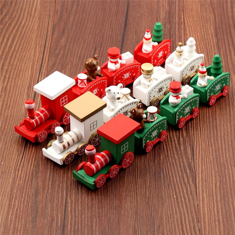 Close-up view of the mini wooden train toy set
