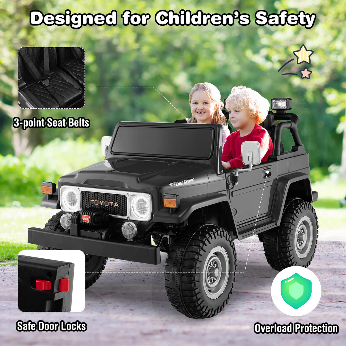12V Toyota FJ40 2-Seat Ride-On with Remote — Black