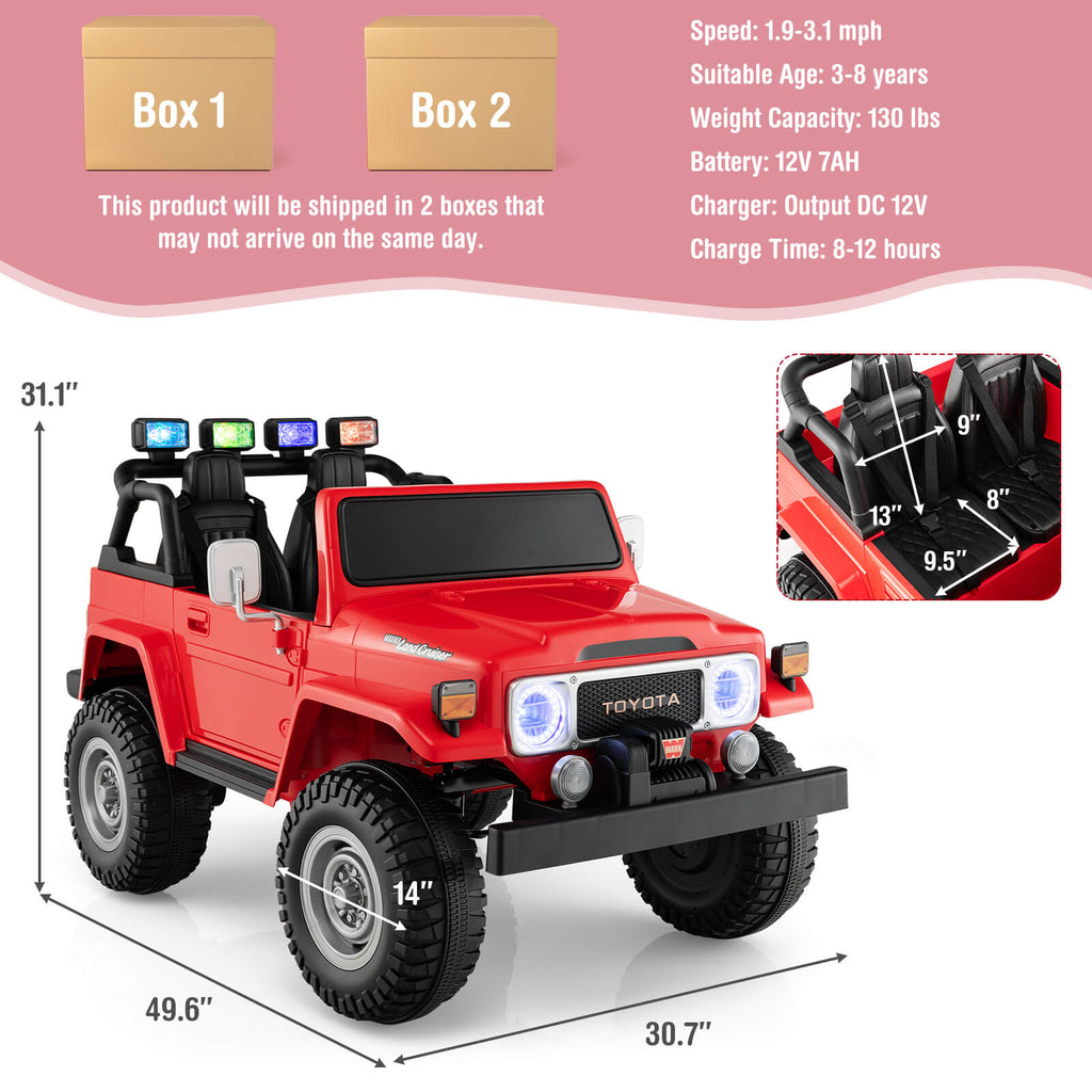12V Toyota FJ40 2-Seat Ride-On with Remote — Red