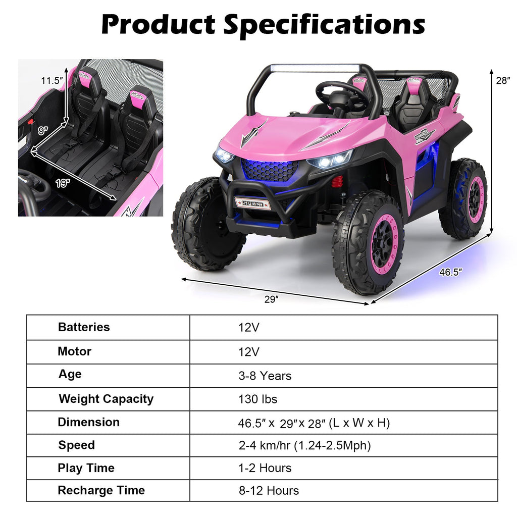 12V 2-Seater Kids Ride on UTV with Slow Start Function Music-Pink