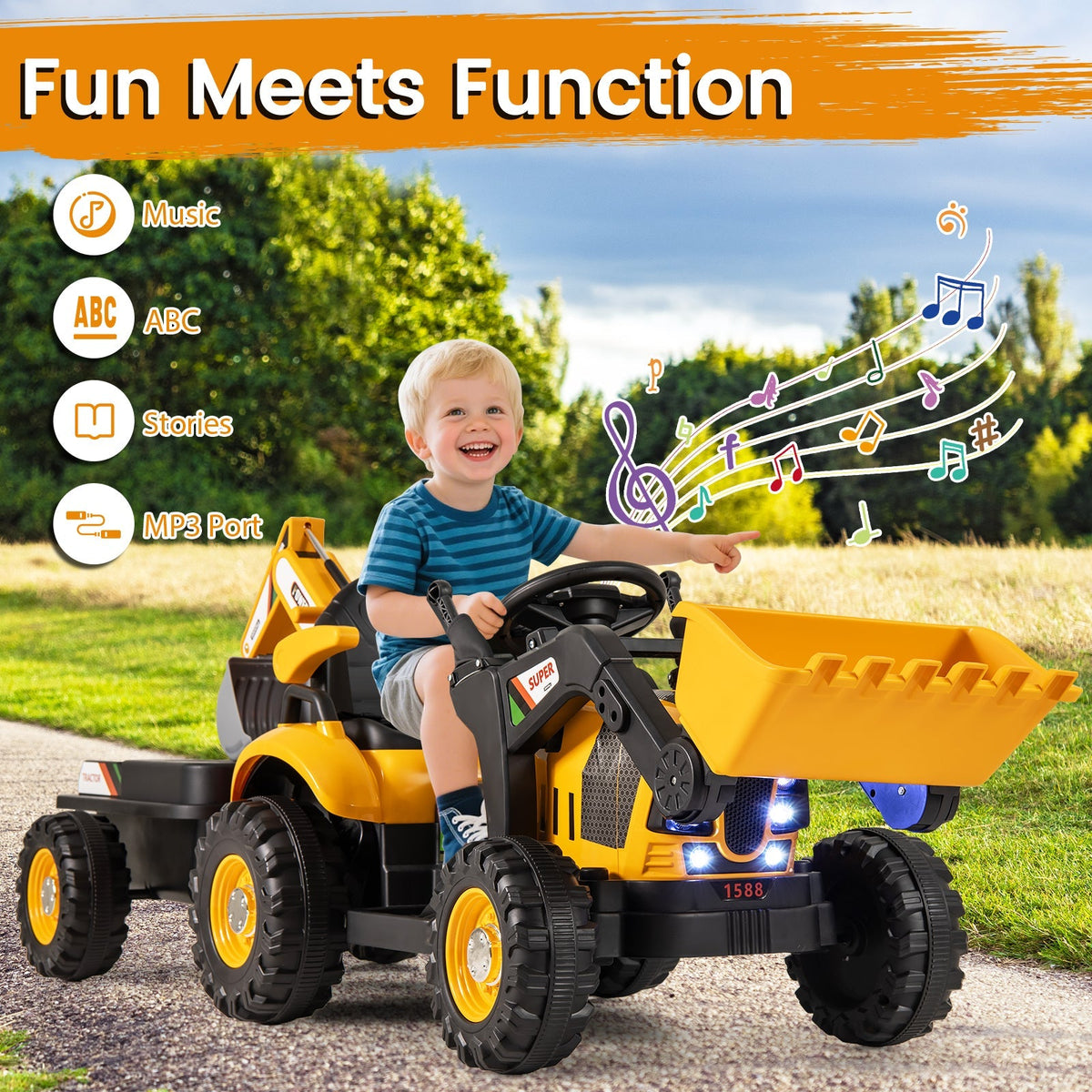 4-in-1 Kids Ride on Tractor 12V Excavator Bulldozer with Remote Control-Yellow