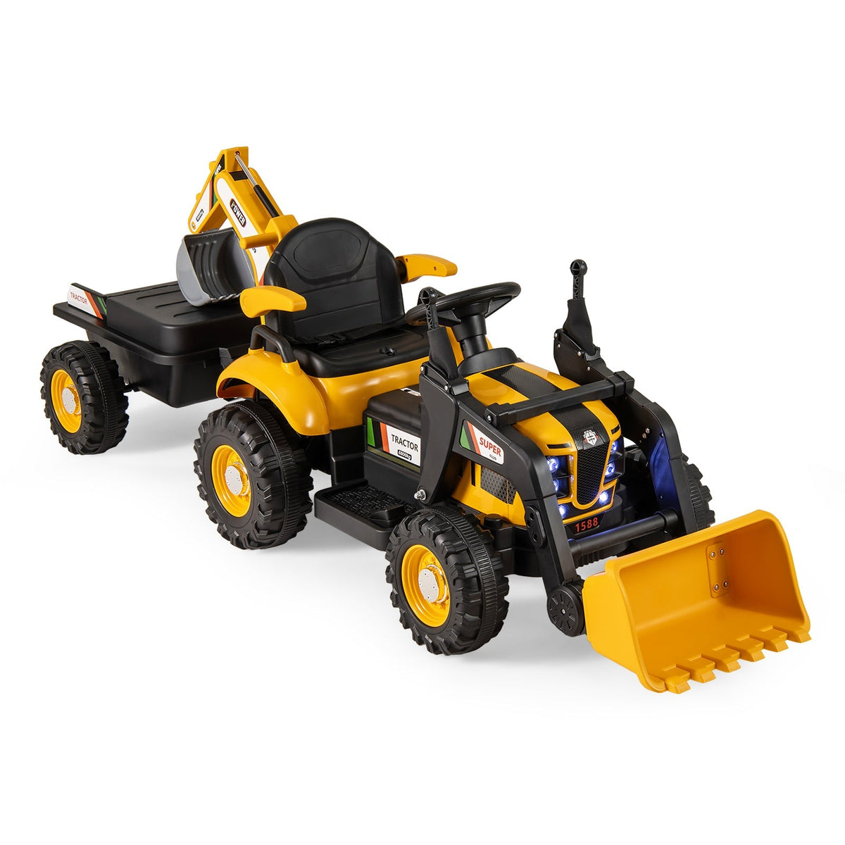 4-in-1 Kids Ride on Tractor 12V Excavator Bulldozer with Remote Control-Yellow