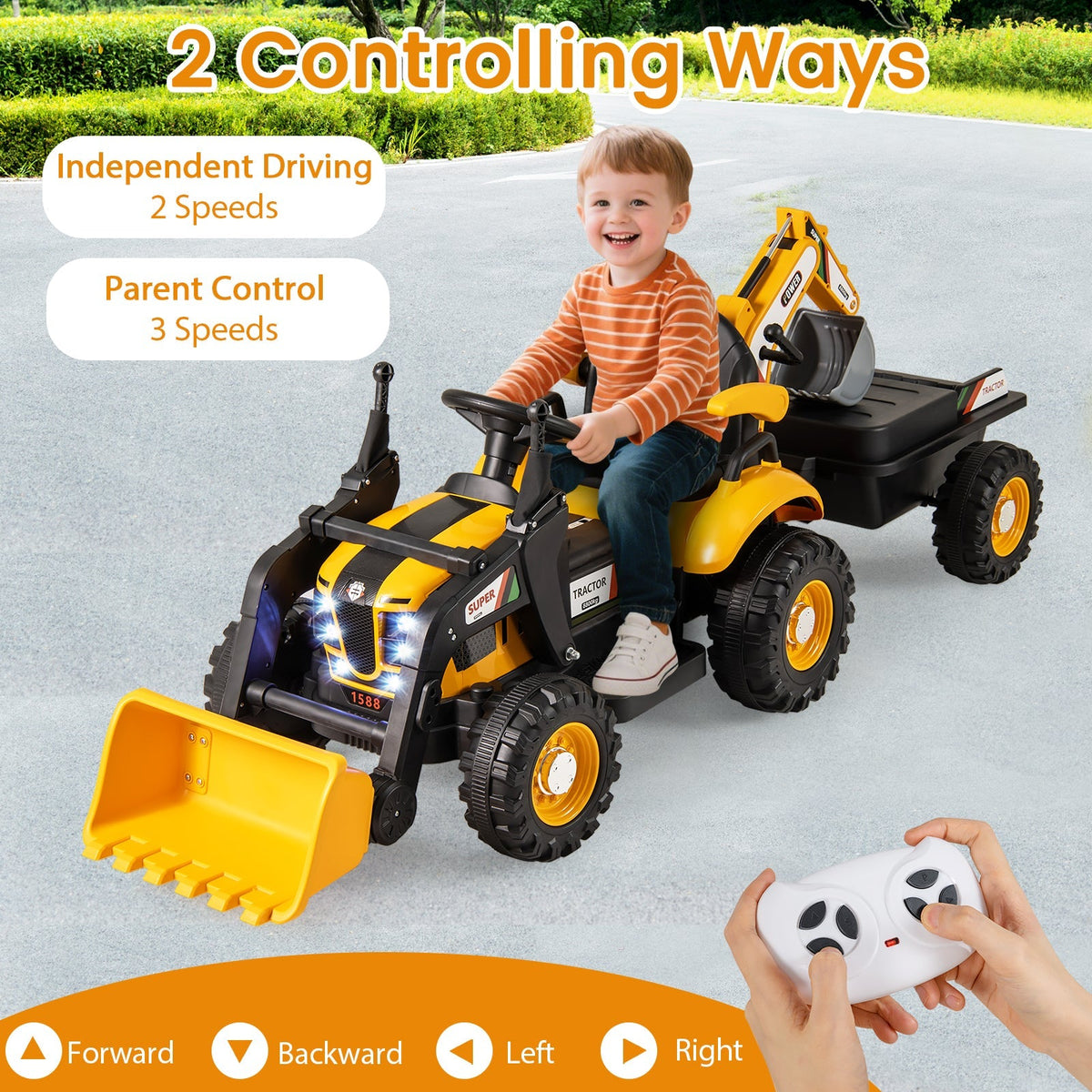4-in-1 Kids Ride on Tractor 12V Excavator Bulldozer with Remote Control-Yellow