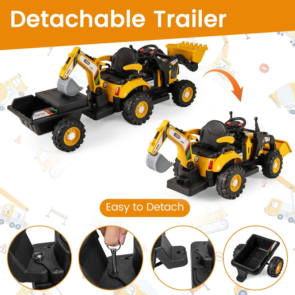 4-in-1 Kids Ride on Tractor 12V Excavator Bulldozer with Remote Control-Yellow