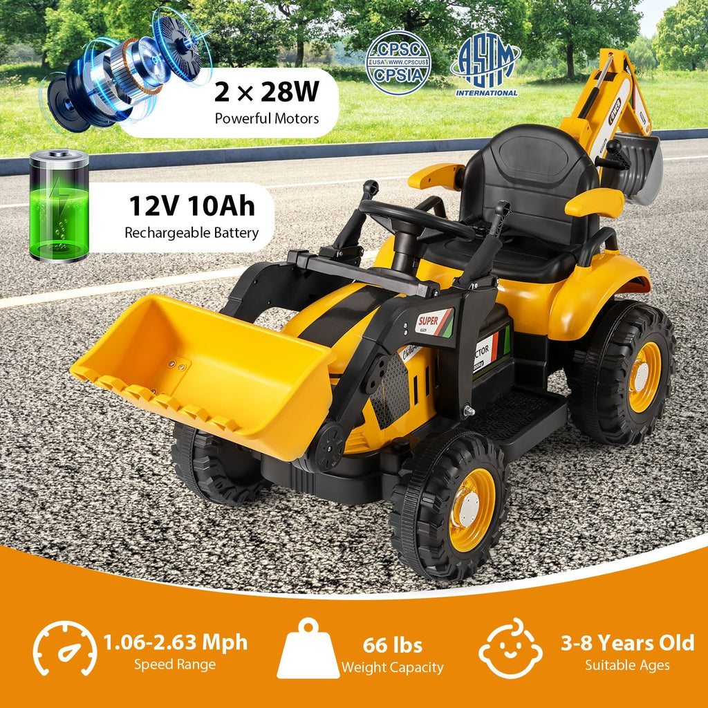 4-in-1 Kids Ride on Tractor 12V Excavator Bulldozer with Remote Control-Yellow