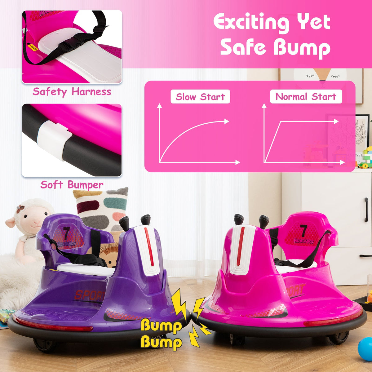 12V Kids Ride On Bumper Car with Remote Control Lights and Music-Pink