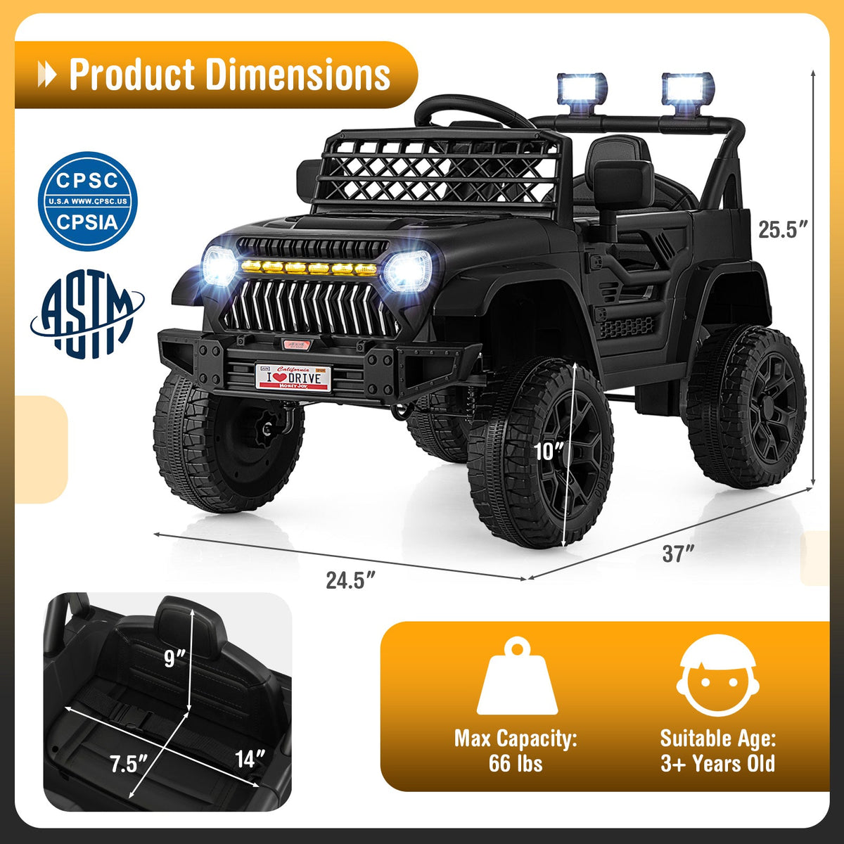 12V Kids Ride on Truck Car with Parental Remote and Music Player-Black