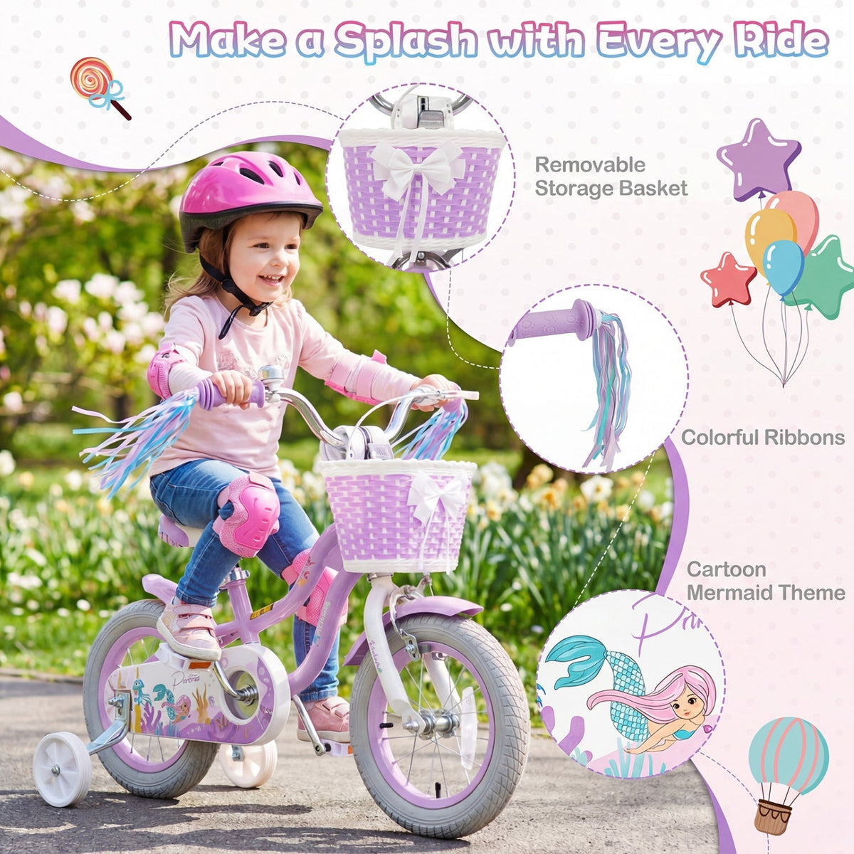 Purple Petal Kids Bike with Basket