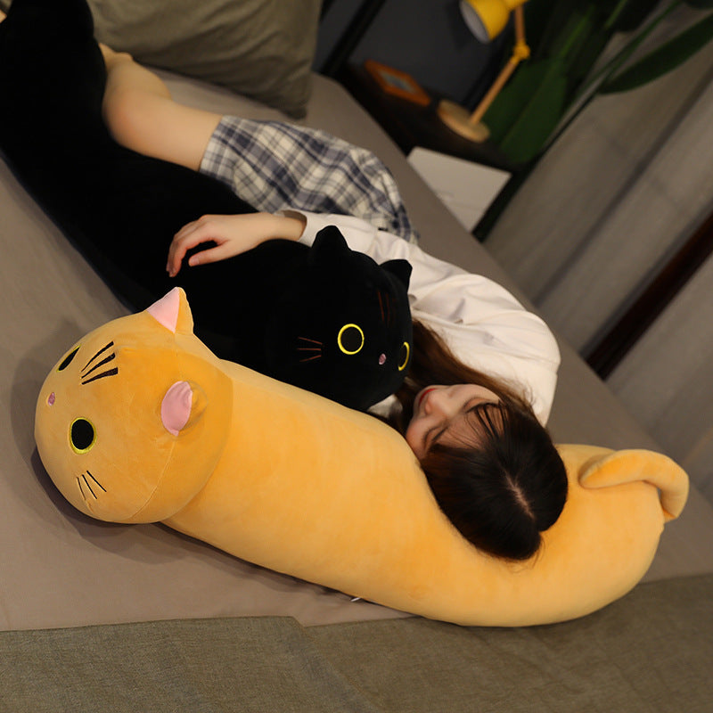 The long cartoon cat plush pillow shown in detail