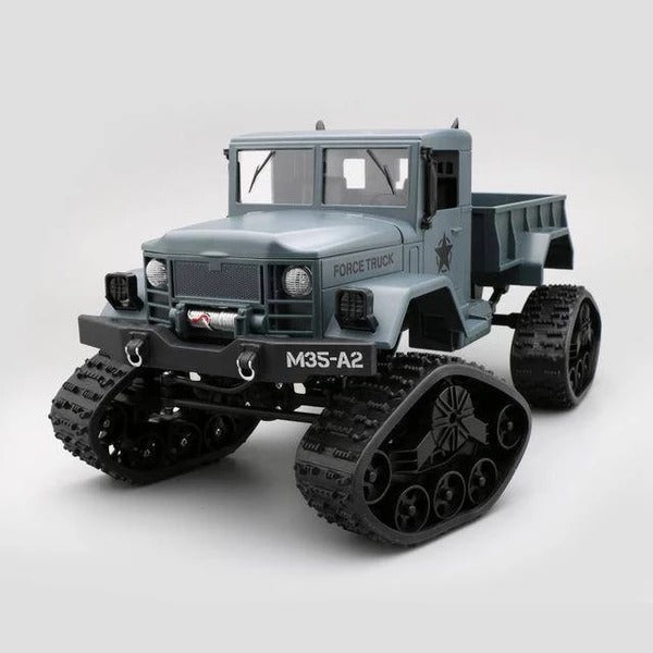 Army-green RC cargo truck with tracked running gear