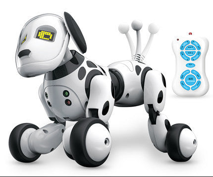 Spotted white robot dog beside blue-and-white remote