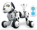 Spotted white robot dog beside blue-and-white remote