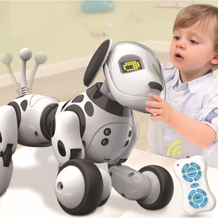 Spotted robot dog with digital eyes and remote