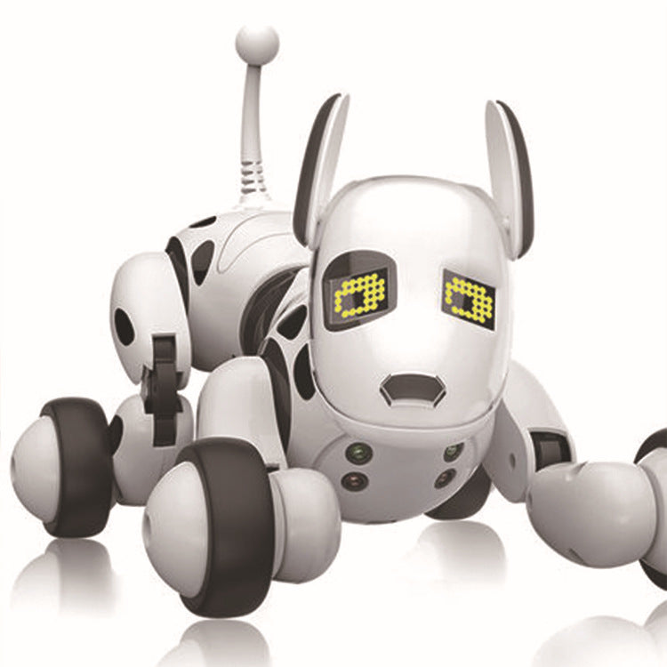 Front view of robot dog with raised ears and rounded paws